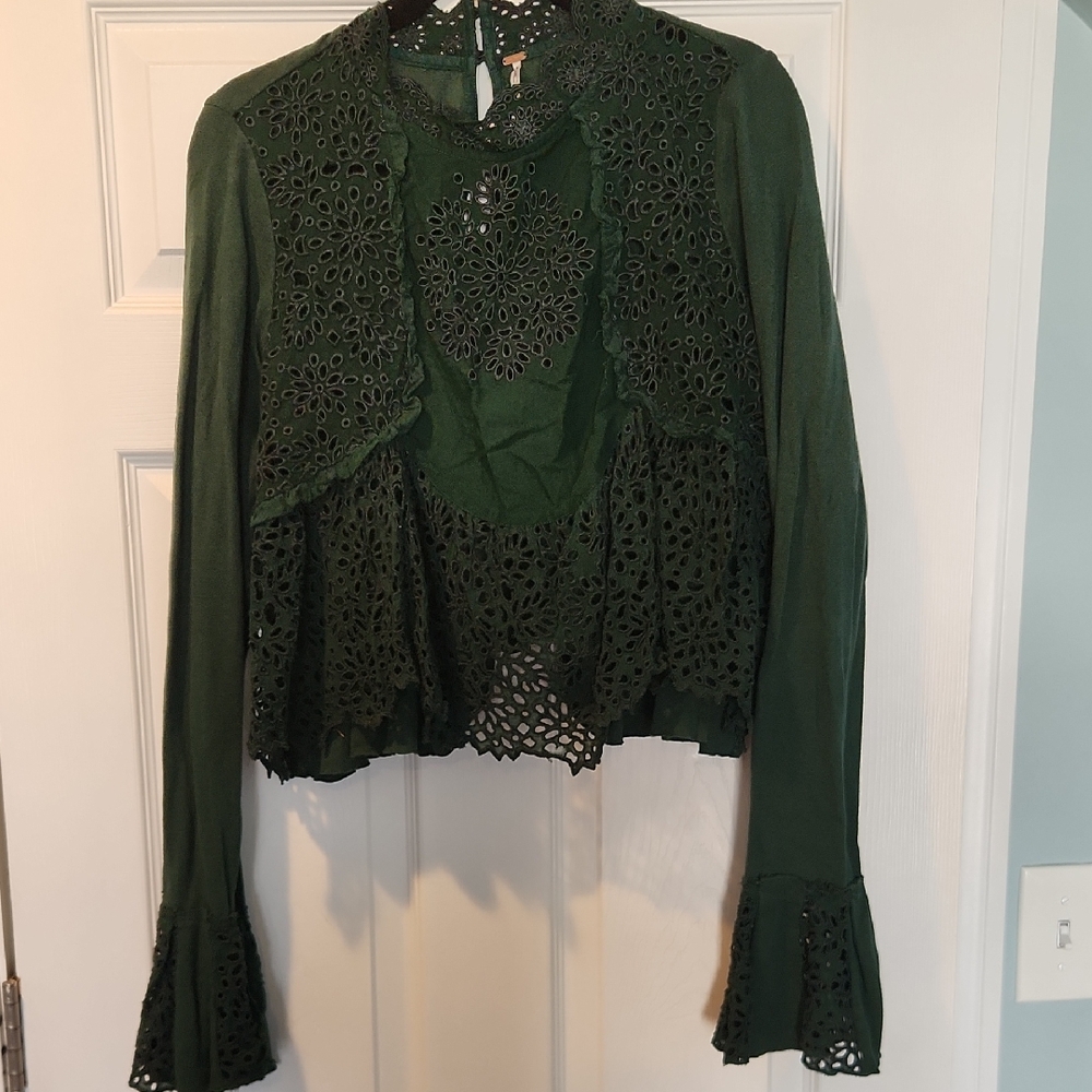Free People Dark Green Lace Blouse